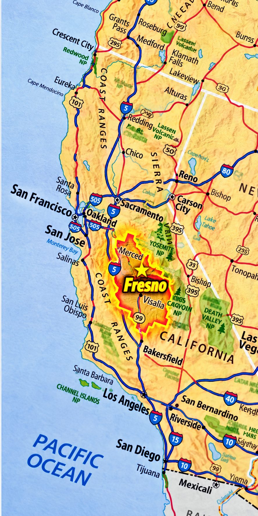 Map of California highlighting Fresno and the Central Valley service area